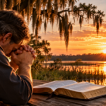 Man praying beside an open Bible, reflecting on grieving sin, confession, repentance, and God’s forgiveness.