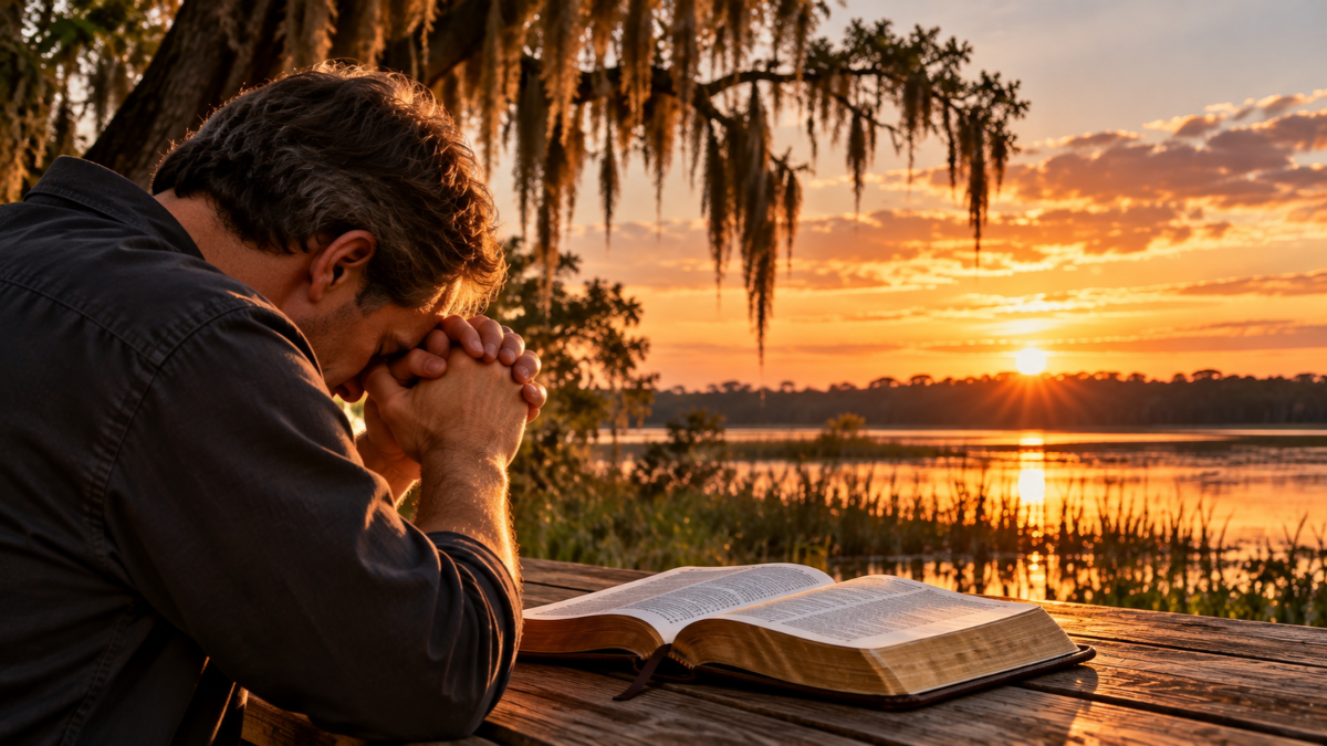 Man praying beside an open Bible, reflecting on grieving sin, confession, repentance, and God’s forgiveness.